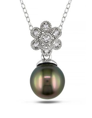 Concerto 0.025 TCW Diamond and Black Tahitian Pearl Flower Necklace - PEARL