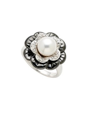 Town & Country Sterling Silver Diamond And Freshwater Pearl Flower Ring - PEARL - 7