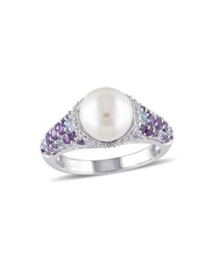 Concerto Blue Topaz and Amethyst Pearl Ring with 0.1TCW Diamond Accent - PEARL - 6