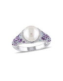 Concerto Blue Topaz and Amethyst Pearl Ring with 0.1TCW Diamond Accent - PEARL - 7