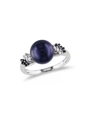 Concerto Sterling Silver Black Freshwater Pearl Black and White 0.125 TCW Diamond Ring - BLACK - 8