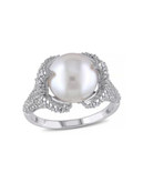 Concerto Sterling Silver Freshwater Pearl and 0.10 TCW Diamond Claw Ring - WHITE - 5
