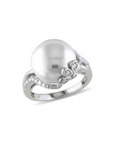 Concerto Sterling Silver Freshwater Pearl and 0.05 TCW Diamond Petal Ring - WHITE - 5