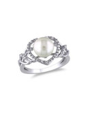 Concerto Sterling Silver Freshwater Pearl and 0.10 TCW Diamond Heart Ring - WHITE - 6