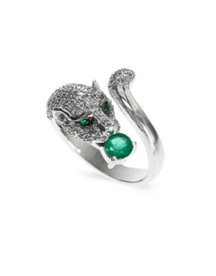 Effy 14K White Gold 0.77Ct. T.W. Diamond and 0.39Ct. Emerald Ring - GREEN - 7