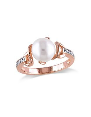 Concerto Pink-Plated Sterling Silver Freshwater Pearl and 0.06 TCW Diamond Ring - WHITE - 8