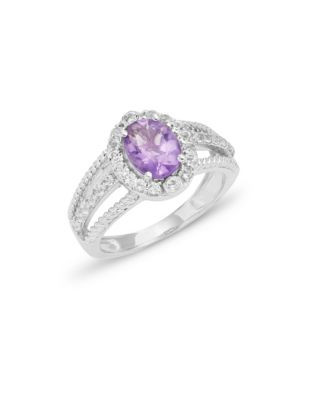 Fine Jewellery Sterling Silver Oval Amethyst and White Topaz Textured Ring - AMETHYST - 7