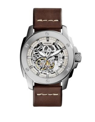 Fossil Modern Machine Automatic Skeleton Stainless Steel & Leather Strap Watch - BROWN
