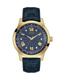Guess Goldtone Stainless Steel Leather Strap Watch - BLUE