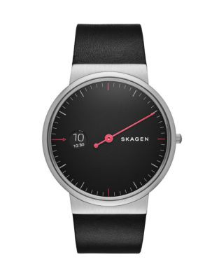 Skagen Denmark Hour-Window Stainless Steel Leather Watch - BLACK