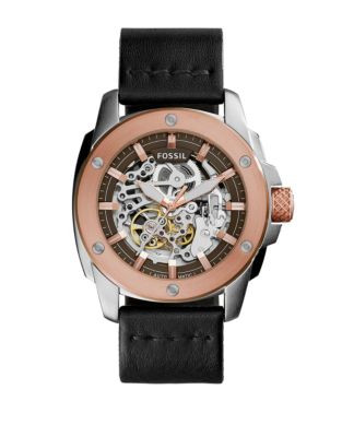 Fossil Modern Machine Automatic Skeleton Two-Tone Stainless Steel & Leather Strap Watch - BLACK