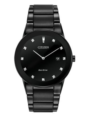 Citizen Mens Black Stainless Steel Watch with Diamond Dial - BLACK