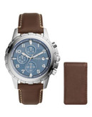 Fossil Dean Stainless Steel Leather Chronograph Watch with Money Clip Set - BROWN