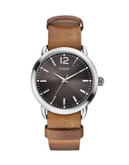 Guess Stainless Steel Leather Strap Watch - BROWN