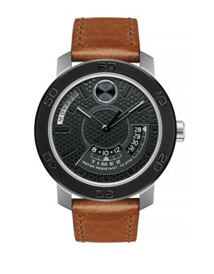 Movado Bold Bold Black Stainless Steel Leather Strap Watch - BROWN