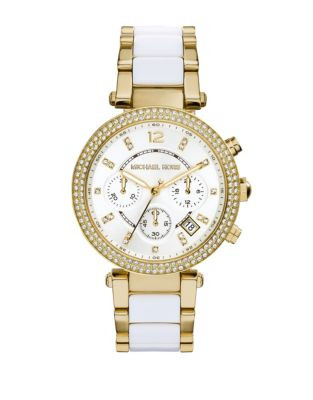 Michael Kors Gold Tone and White Acetate Parker Watch - GOLD