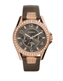 Fossil Riley Crystal Rose Goldtone Grey Leather Strap Watch - BROWN