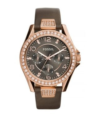 Fossil Riley Crystal Rose Goldtone Grey Leather Strap Watch - BROWN
