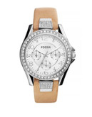 Fossil Riley Crystal Stainless Steel Leather Strap Watch - BROWN