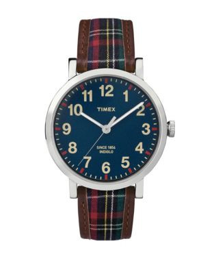 Timex Unisex Analog Originals Leather and Brass Tartan Watch - RED