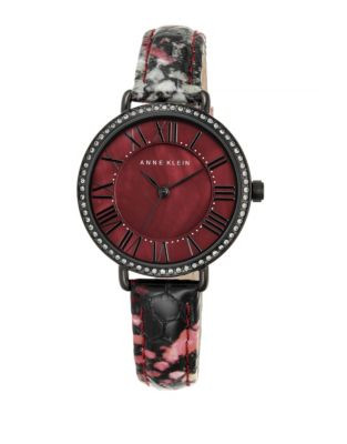 Anne Klein Black-Tone Python Embossed Leather Strap Watch - BLACK