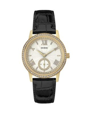 Guess Goldtone Stainless Steel Pave Crystal Leather Strap Watch - BLACK
