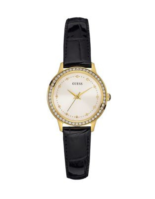 Guess Goldtone Stainless Steel Leather Strap Watch - BLACK