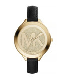 Michael Kors Womens 3 Hand Gold Tone Glitz Dial Logo Slim Runway Watch - BLACK
