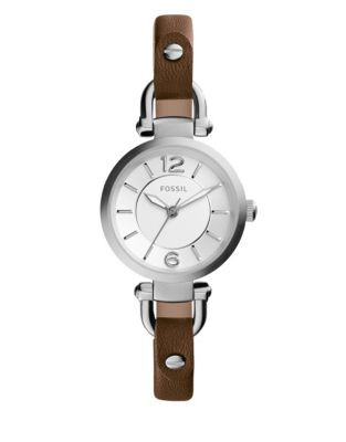 Fossil Riveted Leather Stainless Steel Watch - BROWN