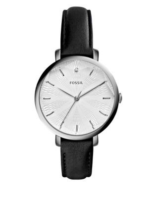 Fossil Etched Stainless Steel Leather Strap Watch - BLACK