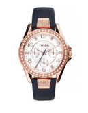 Fossil Riley Crystal Rose Goldtone Blue Leather Strap Watch - BLUE