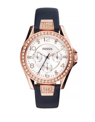 Fossil Riley Crystal Rose Goldtone Blue Leather Strap Watch - BLUE
