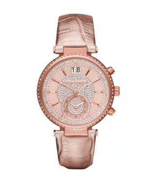 Michael Kors Sawyer Pave Crystal Leather Chronograph Watch - ROSE GOLD