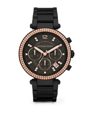 Michael Kors Parker Pave Rose Goldtone And Black IP Stainless Steel Chronograph Glitz Watch - BLACK