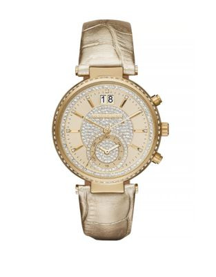 Michael Kors Sawyer Pave Crystal Leather Chronograph Watch - GOLD