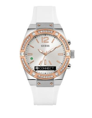 Guess Connect Smartwatch Stainless Steel and White Silicone with Crystals - WHITE