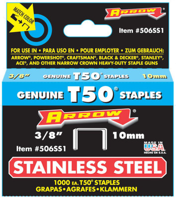 Arrow T50 3/8" stainless steel staples - Pack of 1000 staples