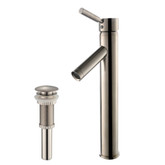 Sheven Single Lever Vessel Faucet with Matching Pop Up Drain Satin Nickel