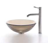 Clear Brown Glass Vessel Sink and Sheven Faucet Satin Nickel