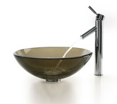 Clear Brown Glass Vessel Sink and Sheven Faucet Chrome