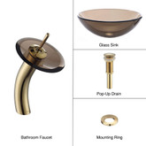 Clear Brown Glass Vessel Sink and Waterfall Faucet Gold