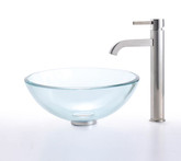 Clear 19mm thick Glass Vessel Sink and Ramus Faucet Satin Nickel