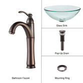 Clear Glass Vessel Sink and Riviera Faucet Oil Rubbed Bronze