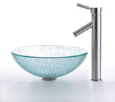 Mosaic Glass Vessel Sink and Sheven Faucet Satin Nickel