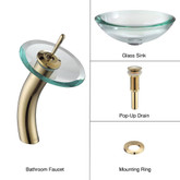 Clear 34mm edge Glass Vessel Sink and Waterfall Faucet Gold