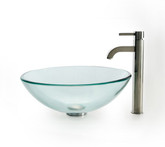 Clear Glass Vessel Sink and Ramus Faucet Satin Nickel