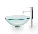 Clear Glass Vessel Sink and Ramus Faucet Chrome