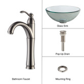 Clear 14 inch Glass Vessel Sink and Riviera Faucet Satin Nickel
