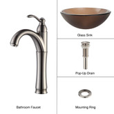 Frosted Brown Glass Vessel Sink and Riviera Faucet Satin Nickel