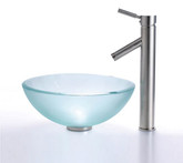 Frosted 14 inch Glass Vessel Sink and Sheven Faucet Satin Nickel